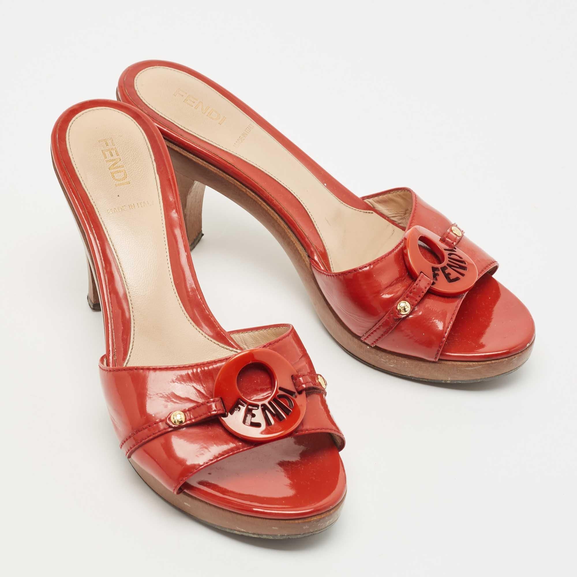 Women's Fendi Red Patent Leather Logo Slide Sandals Size 37.5