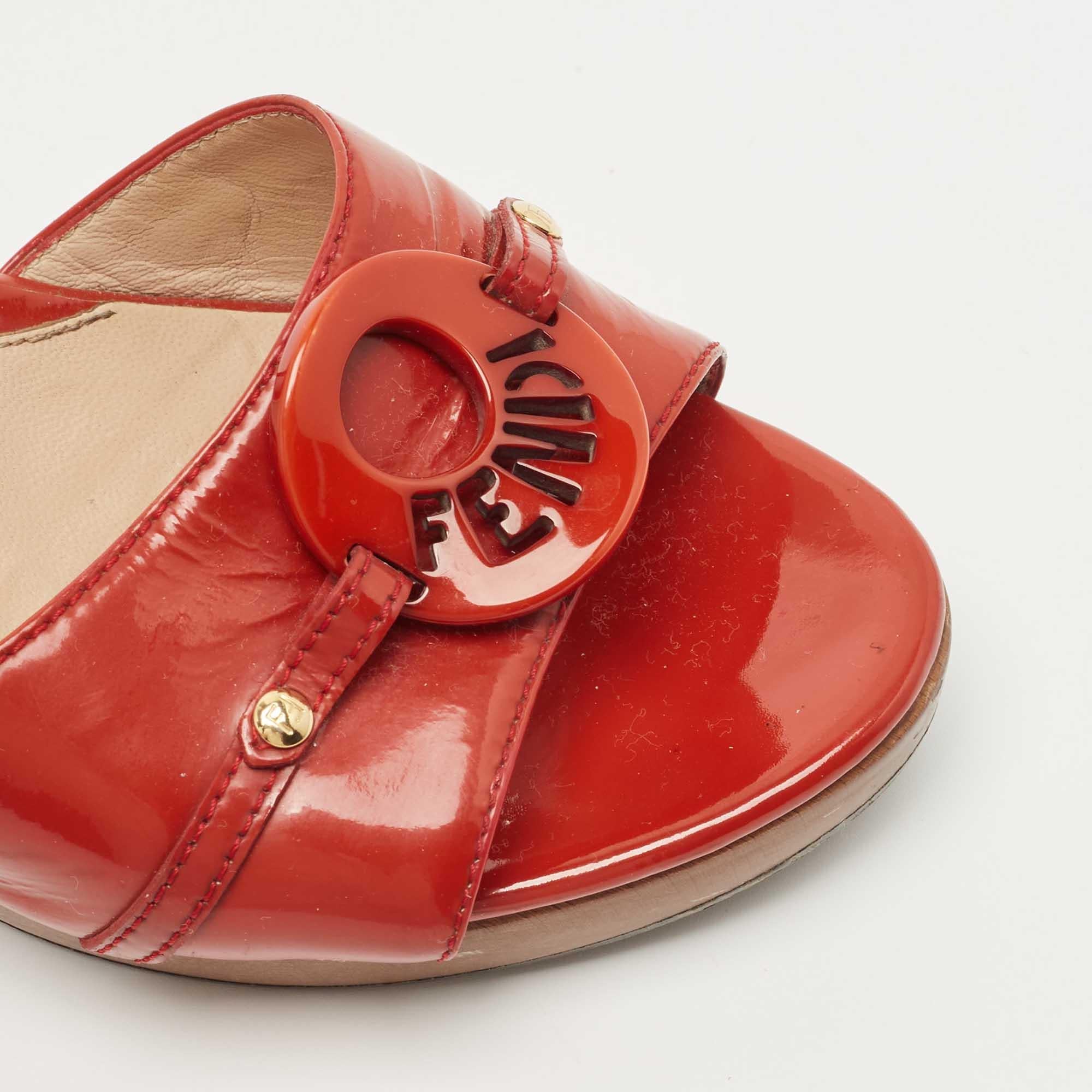 Fendi Red Patent Leather Logo Slide Sandals Size 37.5 1