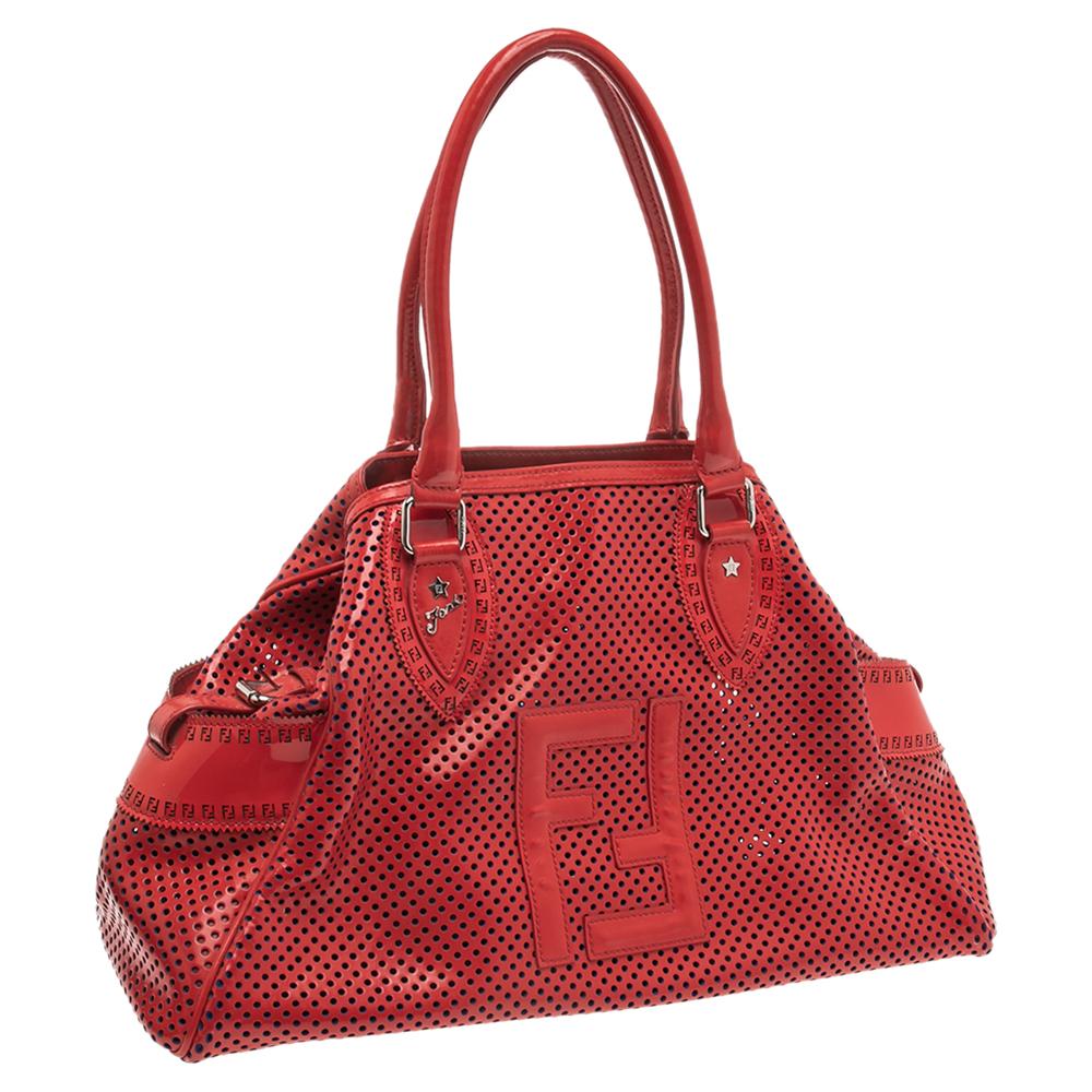 Women's Fendi Red Perforated Patent Leather De Jour Tote