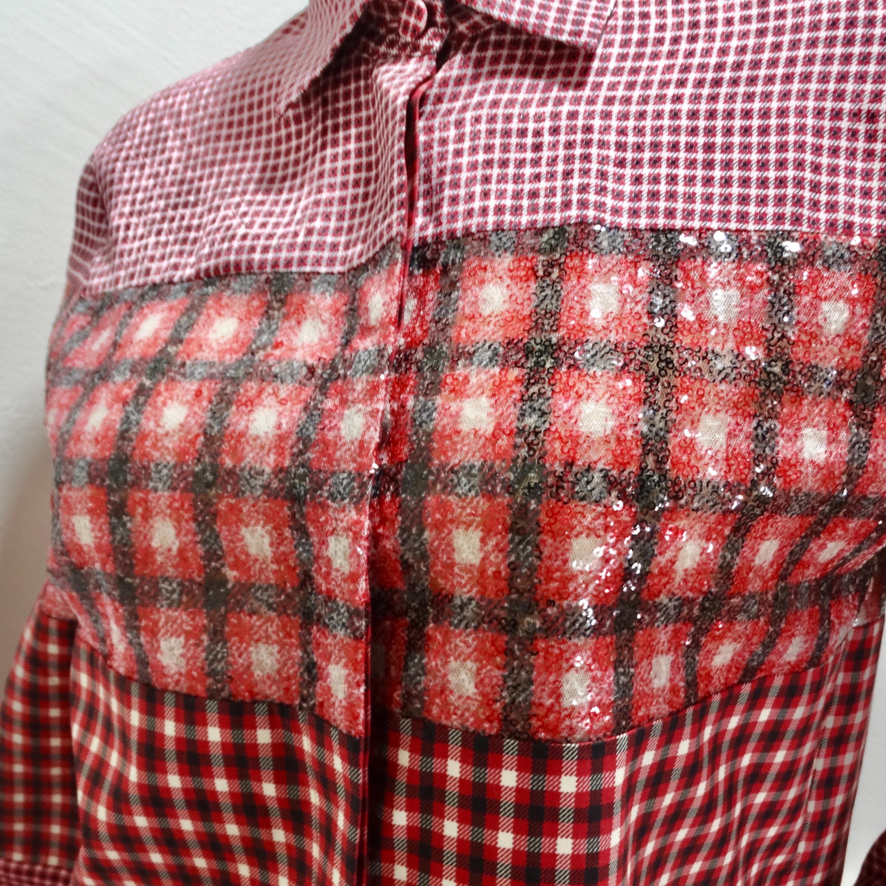 Brown Fendi Red Plaid Sequin Button-Up Shirt For Sale