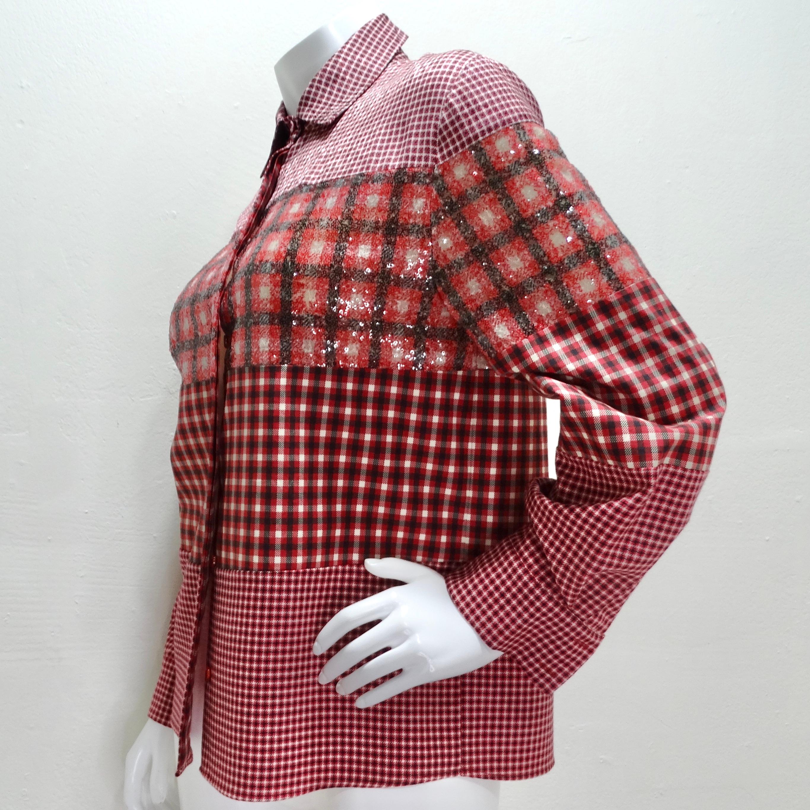 Fendi Red Plaid Sequin Button-Up Shirt In Excellent Condition For Sale In Scottsdale, AZ