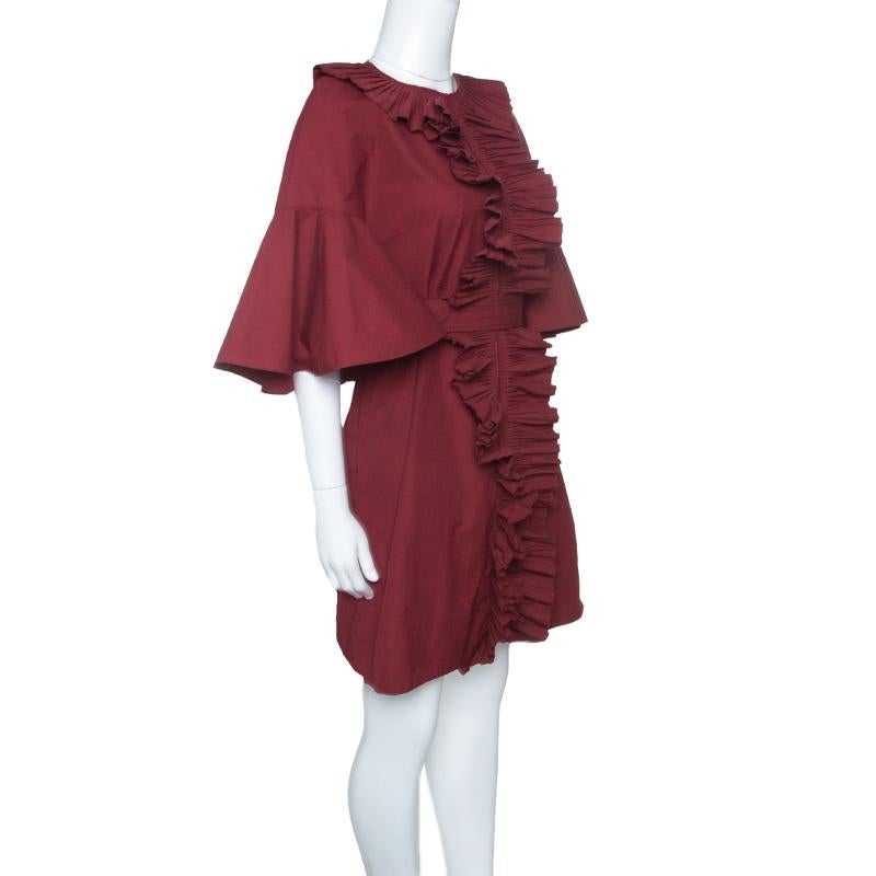 Fendi Red Ruffled Trim Flared Sleeve Belted Cocktail Dress S In Good Condition In Dubai, Al Qouz 2