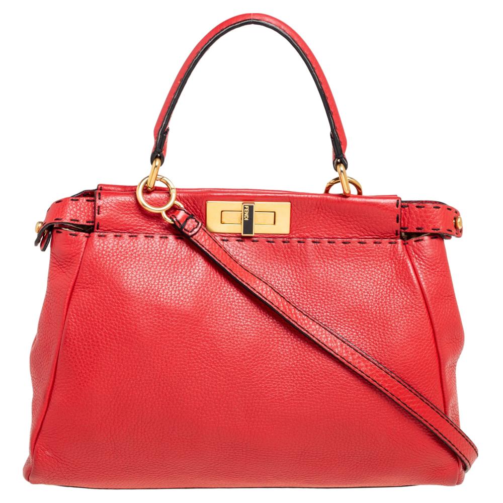 Fendi Red Selleria Leather Medium Peekaboo Top Handle Bag 5