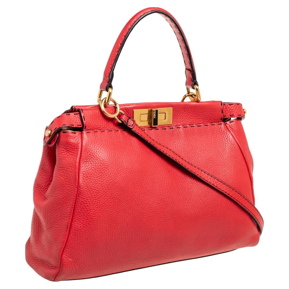 Fendi Red Selleria Leather Medium Peekaboo Top Handle Bag 6