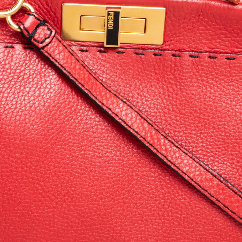 Fendi Red Selleria Leather Medium Peekaboo Top Handle Bag In Good Condition In Dubai, Al Qouz 2