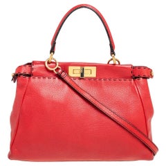 Fendi Red Selleria Leather Medium Peekaboo Top Handle Bag