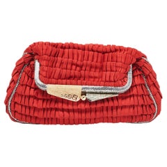 Fendi Red/Silver Pleated Satin Borderline Clutch