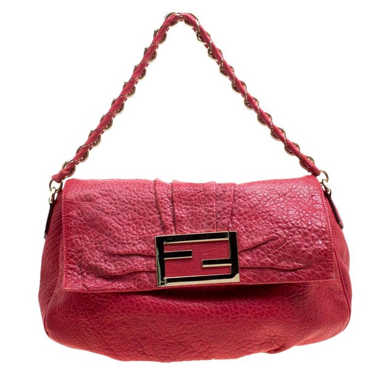 Fendi Red Textured Leather Mia Flap Shoulder Bag For Sale at 1stDibs