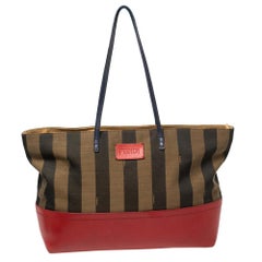 Fendi Red/Tobacco Pequin Striped Canvas and Leather Roll Tote