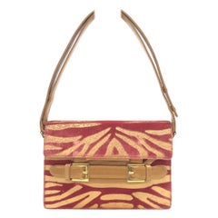 Fendi Red Velvet Gold Zebra Print Front Flap Shoulder Bag