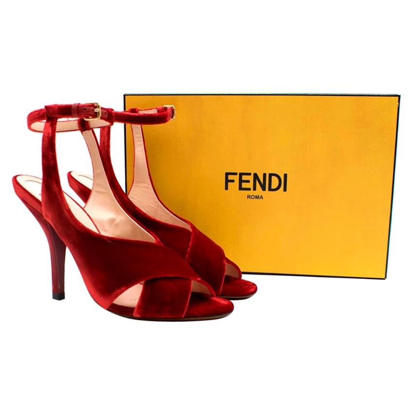 Fendi red velvet heeled ankle strap sandals 40