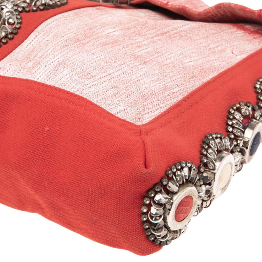 Fendi Red/White Canvas and Leather Maxi Baguette Embellished Shoulder Bag For Sale 6