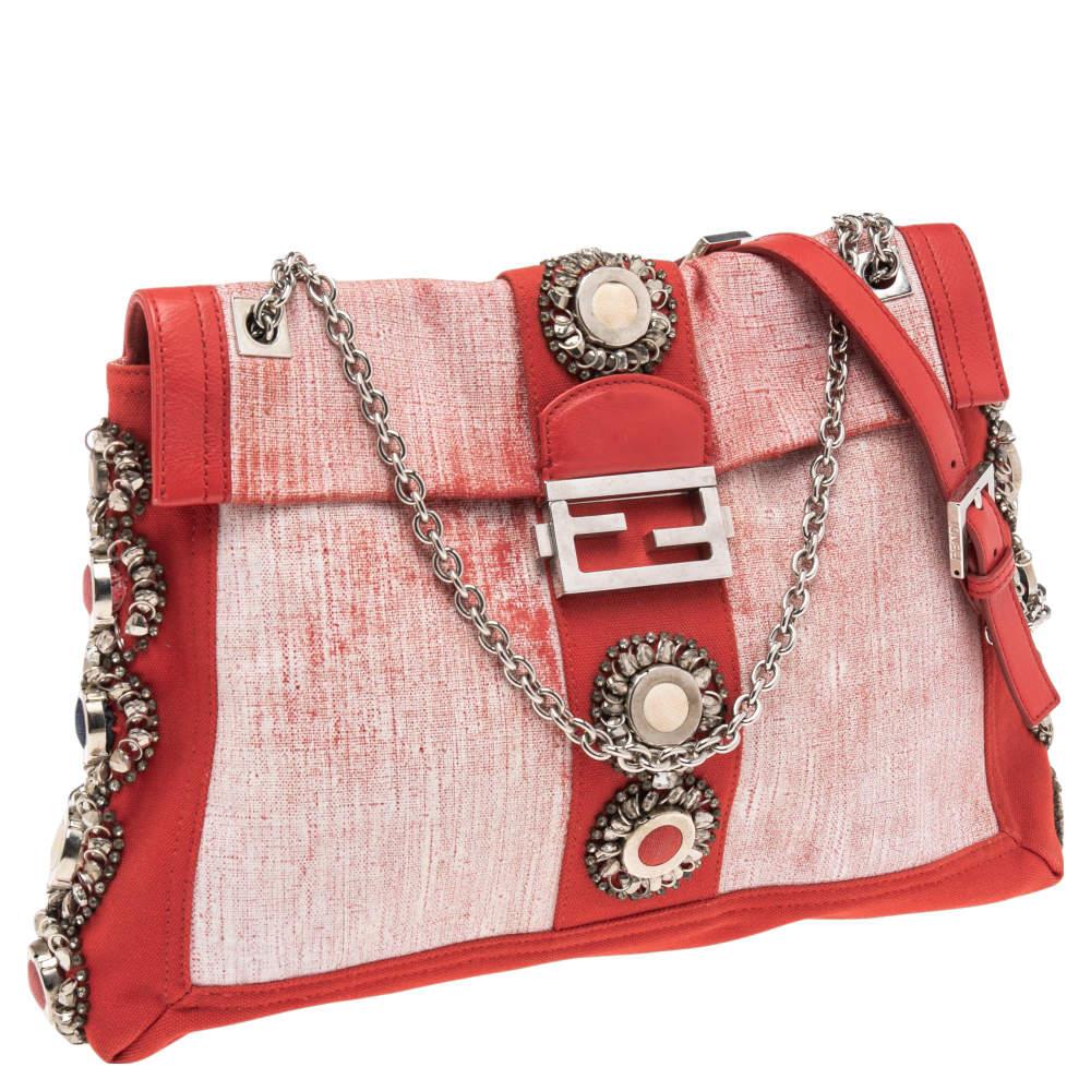 Fendi Red/White Canvas and Leather Maxi Baguette Embellished Shoulder Bag In Good Condition For Sale In Dubai, Al Qouz 2