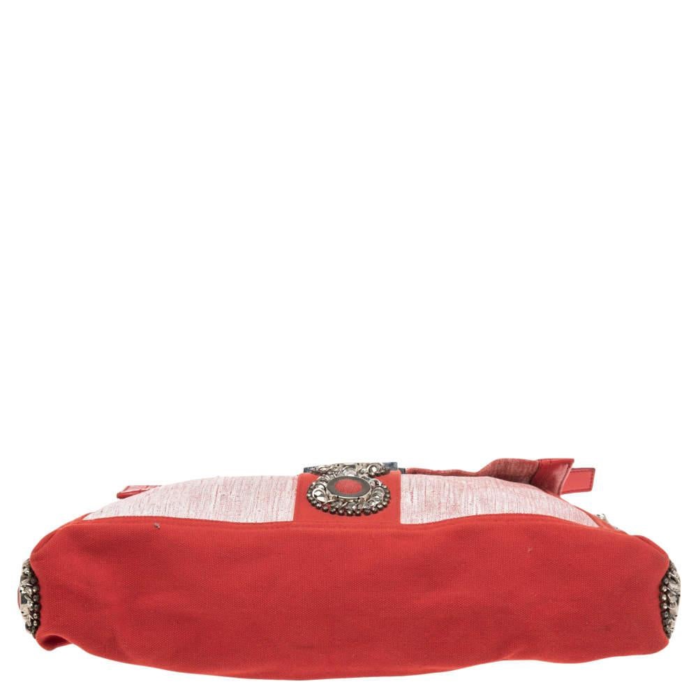 Men's Fendi Red/White Canvas and Leather Maxi Baguette Embellished Shoulder Bag For Sale
