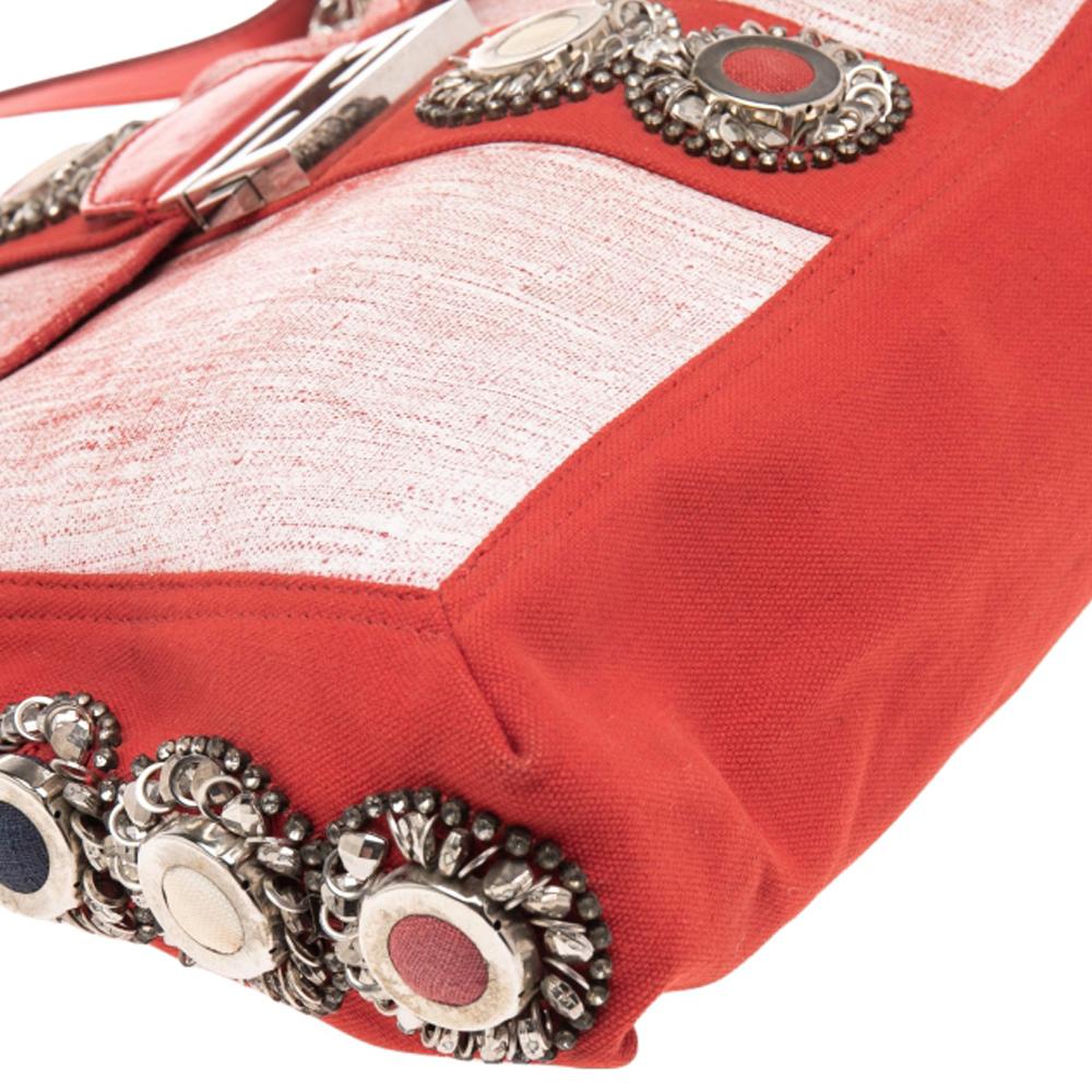 Beige Fendi Red/White Canvas and Leather Maxi Baguette Embellished Shoulder Bag For Sale