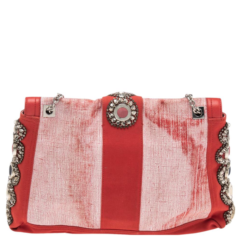 Fendi Red/White Canvas and Leather Maxi Baguette Embellished Shoulder Bag For Sale 1