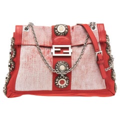 Fendi Red/White Canvas and Leather Maxi Baguette Embellished Shoulder Bag