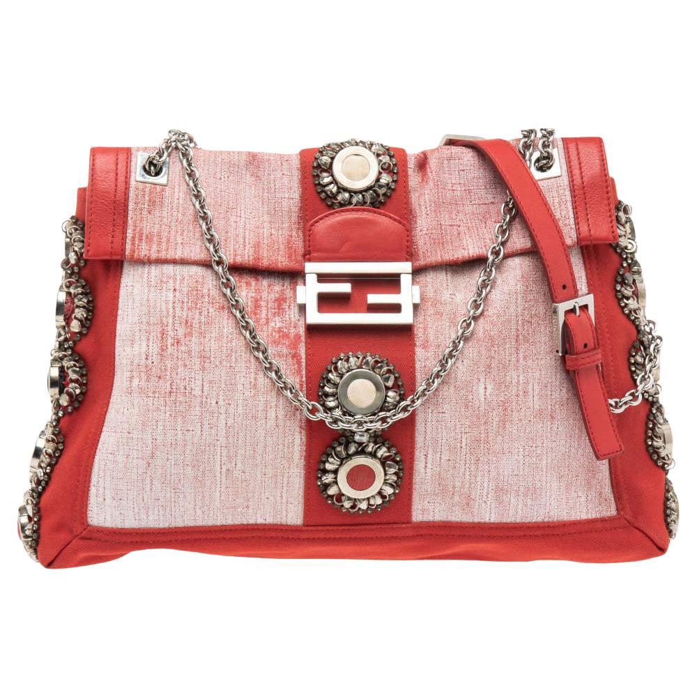 Fendi Red/White Canvas and Leather Maxi Baguette Embellished Shoulder Bag For Sale