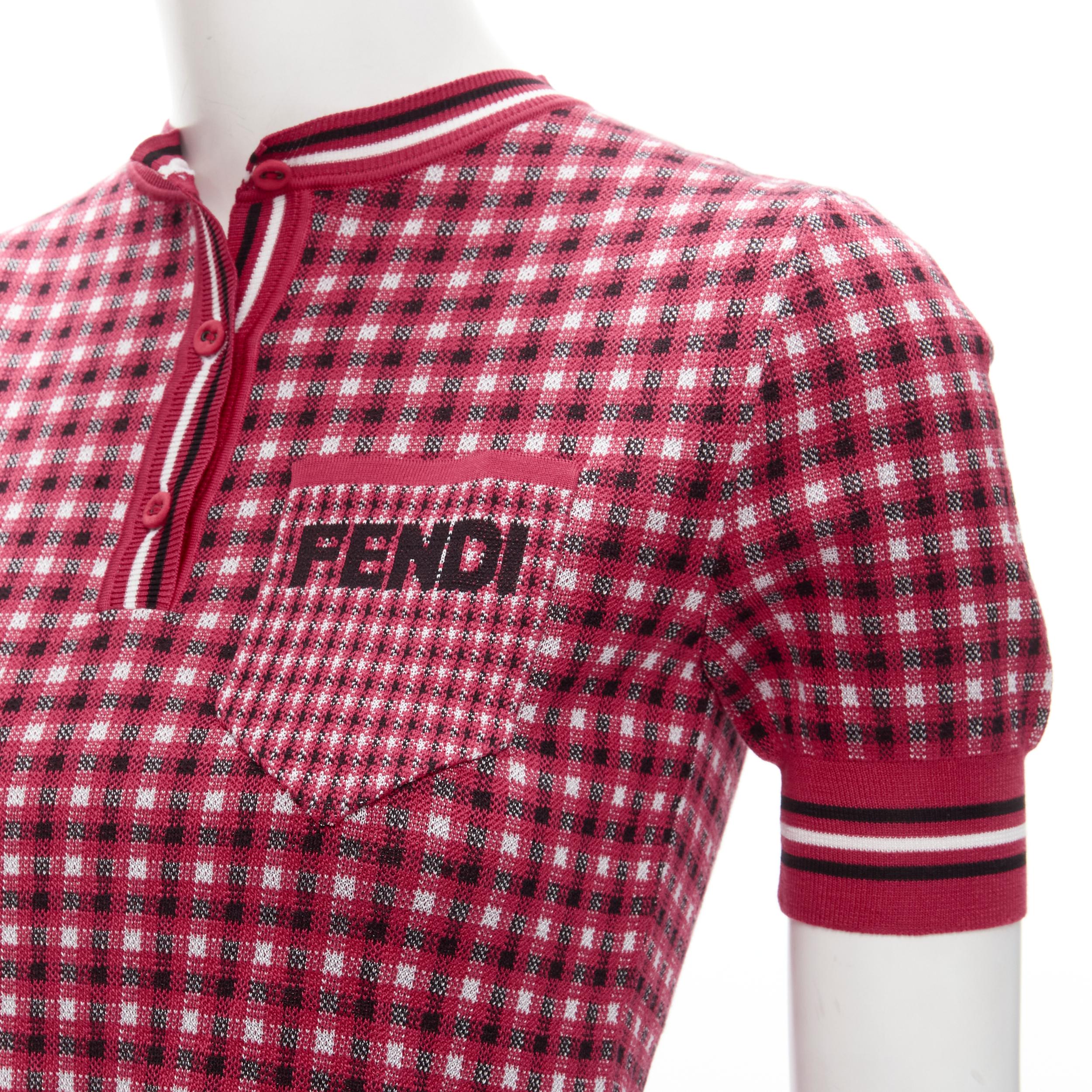FENDI red white checked log intarsia patch pocket polo top S 
Reference: ANWU/A00706 
Brand: Fendi 
Material: Feels like knitted cotton 
Color: Red 
Pattern: Checked 
Closure: Button 
Extra Detail: Side slit at hem. 
Made in: Italy 

CONDITION: