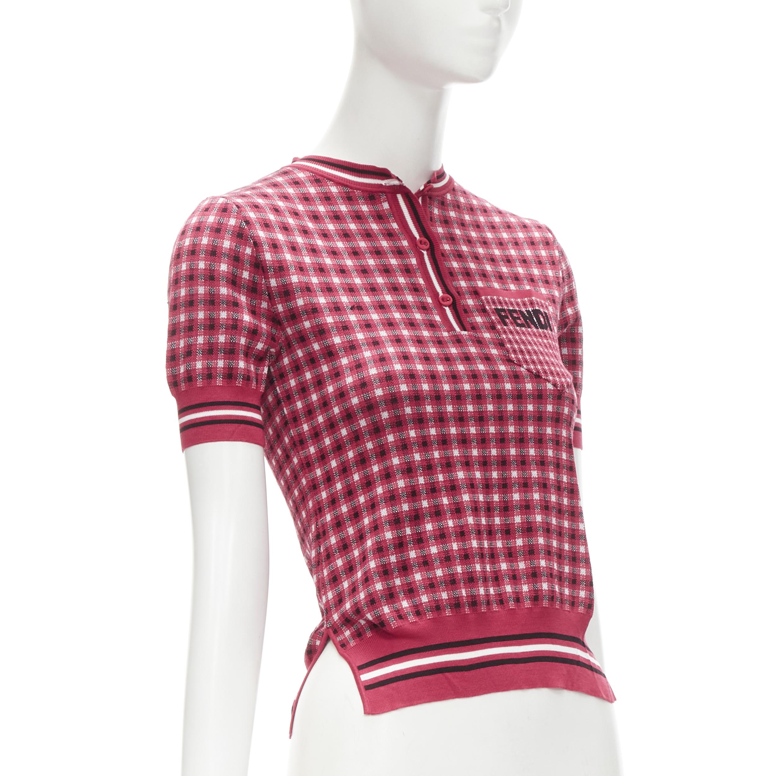 FENDI red white checked log intarsia patch pocket polo top S In Excellent Condition In Hong Kong, NT