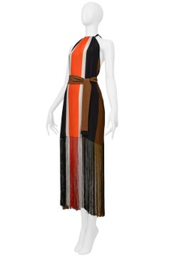 Fendi Red White Navy And Black Stripe Halter Dress With Fringe 2014
