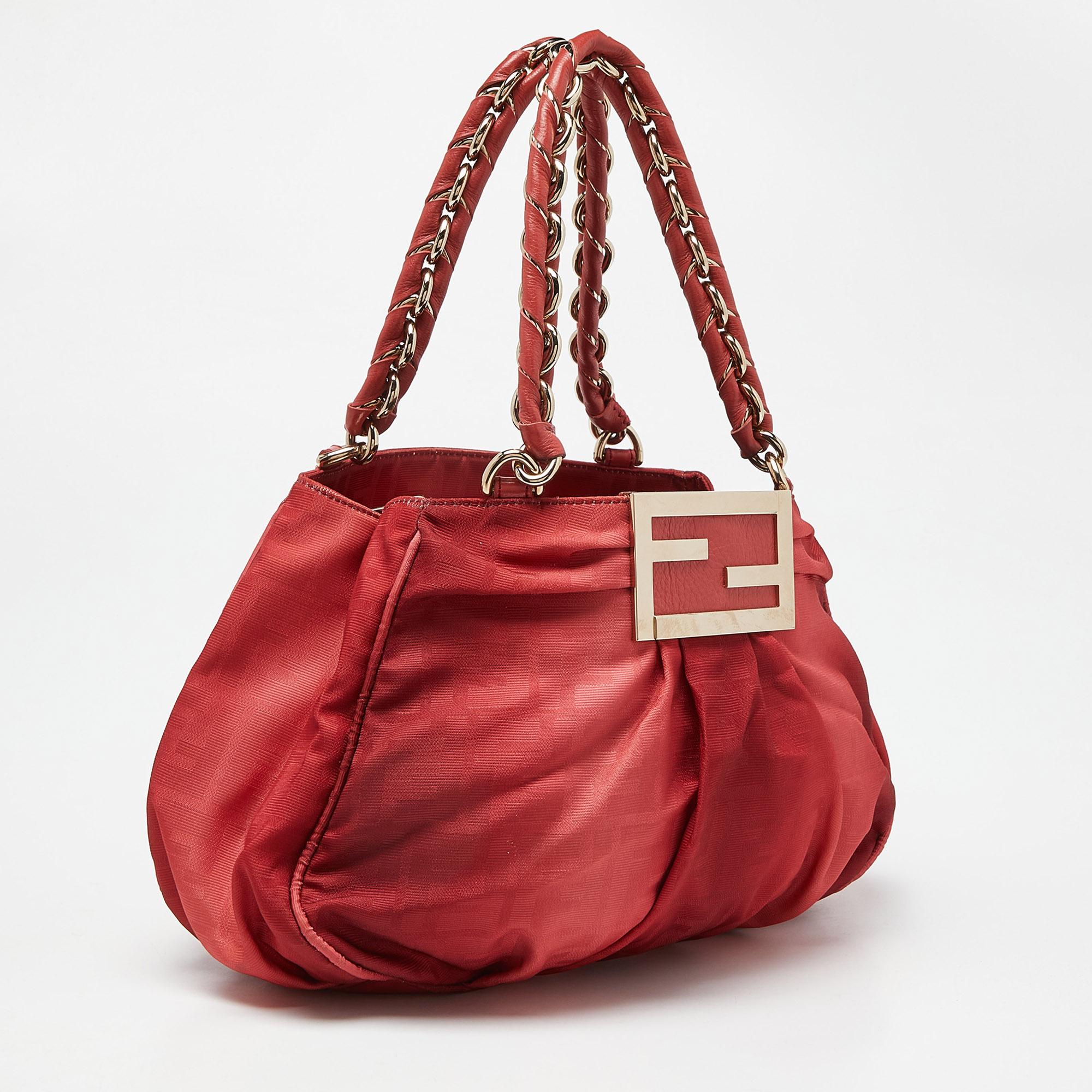 Fendi Red Zucca Canvas and Leather Small Mia Hobo In Good Condition In Dubai, Al Qouz 2