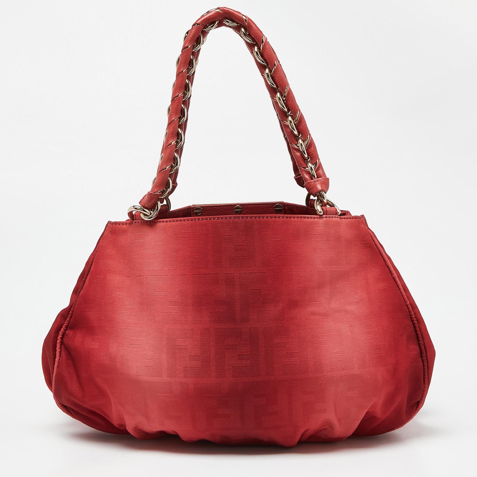 Women's Fendi Red Zucca Canvas and Leather Small Mia Hobo