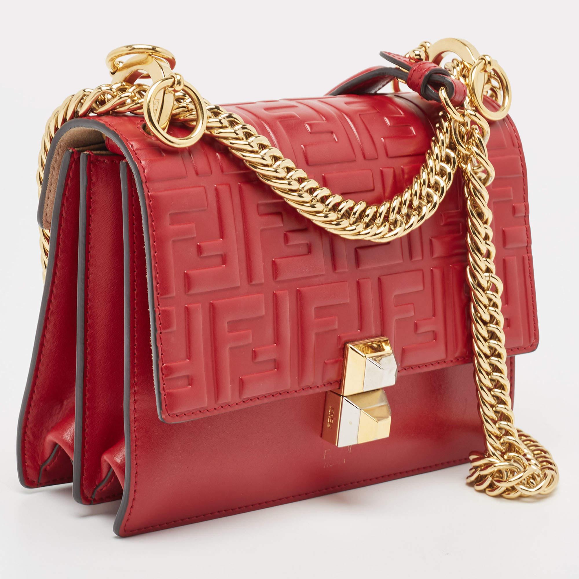Fendi Red Zucca Embossed Leather Small Kan I Flap Shoulder Bag In Good Condition For Sale In Dubai, Al Qouz 2