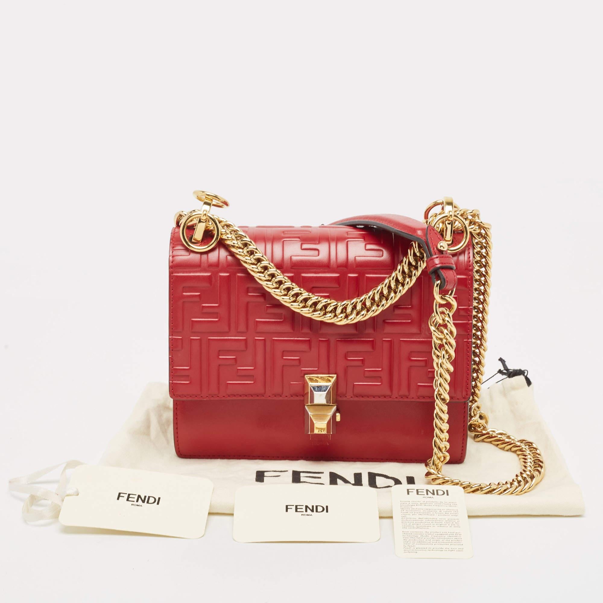 Fendi Red Zucca Embossed Leather Small Kan I Flap Shoulder Bag For Sale 1