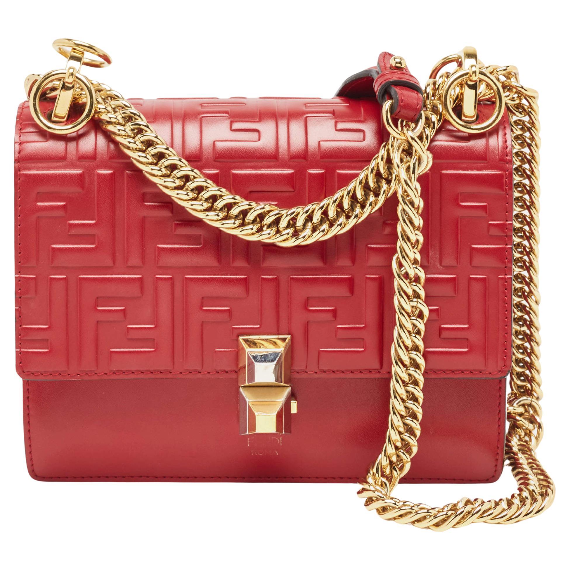 Fendi Red Zucca Embossed Leather Small Kan I Flap Shoulder Bag For Sale