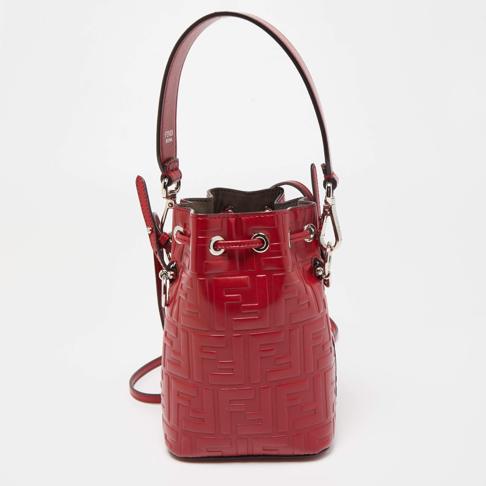 Fendi Red Zucca Leather Mini Mon Tresor Bucket Bag In Excellent Condition In Dubai, Al Qouz 2