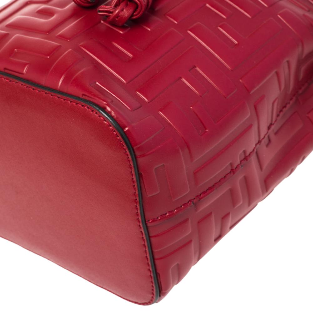Women's Fendi Red Zucca Leather Mini Mon Tresor Drawstring Bucket Bag