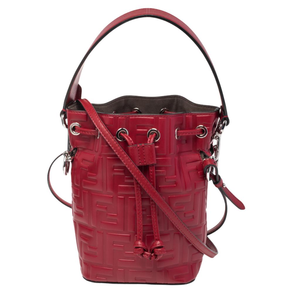 Fendi Red Zucca Leather Mini Mon Tresor Drawstring Bucket Bag