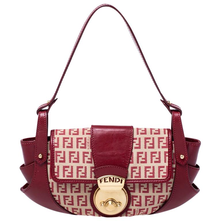 Fendi Red Zucchino Canvas and Leather Compilation Shoulder Bag