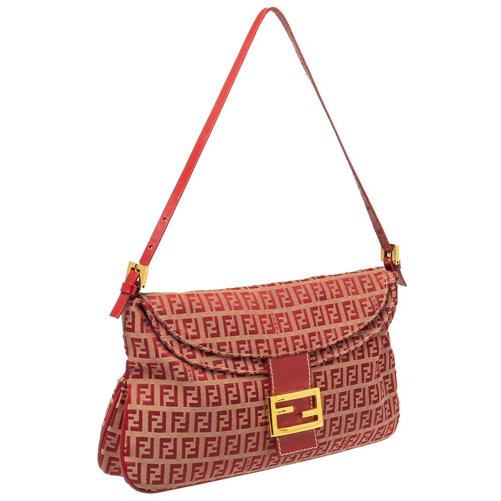 Fendi Red Zucchino Canvas and Leather FF Flap Shoulder Bag In Fair Condition In Dubai, Al Qouz 2