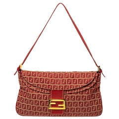 Fendi Red Zucchino Canvas and Leather FF Flap Shoulder Bag