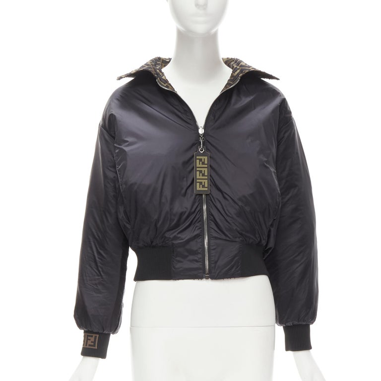 FENDI Reversible Forever FF Monogram Black Nylon Cropped Bomber Jacket fendi-reversible-forever-ff-monogram-black-nylon-cropped-bomber-jacket