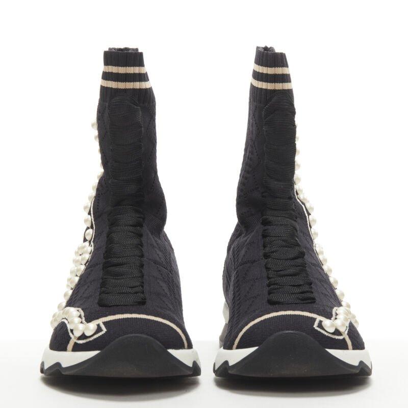 Black FENDI Rockoko black pearl embellished black sock knit high top sneaker EU36 For Sale