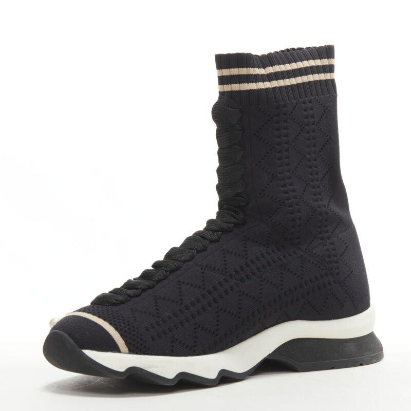FENDI Rockoko black pearl embellished black sock knit high top sneaker EU36 In Excellent Condition For Sale In Hong Kong, NT