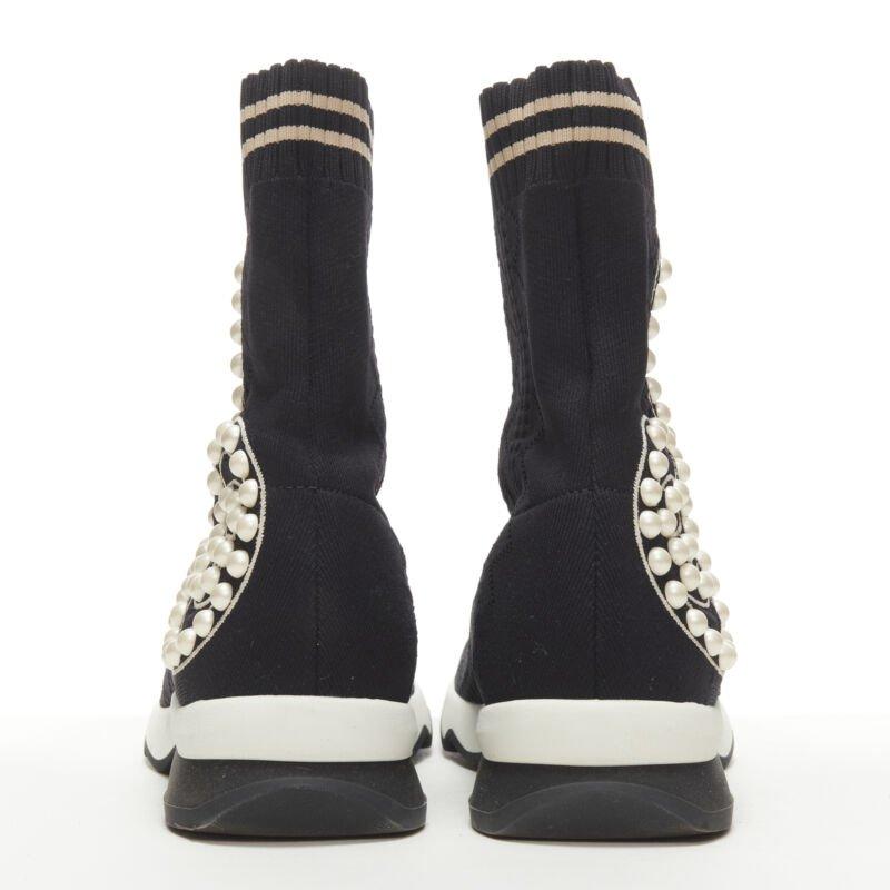 Women's FENDI Rockoko black pearl embellished black sock knit high top sneaker EU36 For Sale