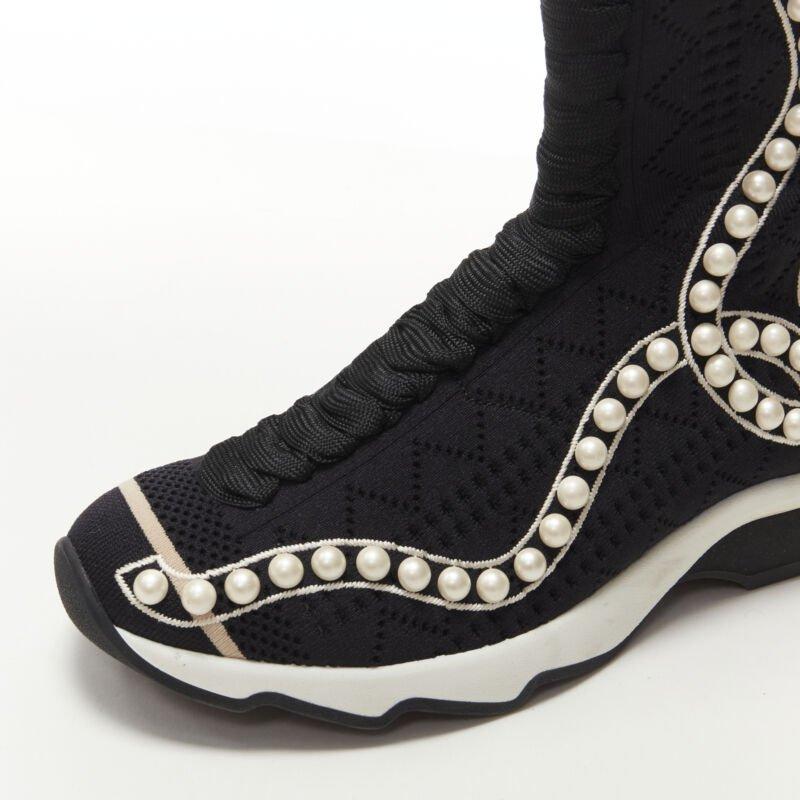FENDI Rockoko black pearl embellished black sock knit high top sneaker EU36 For Sale 2