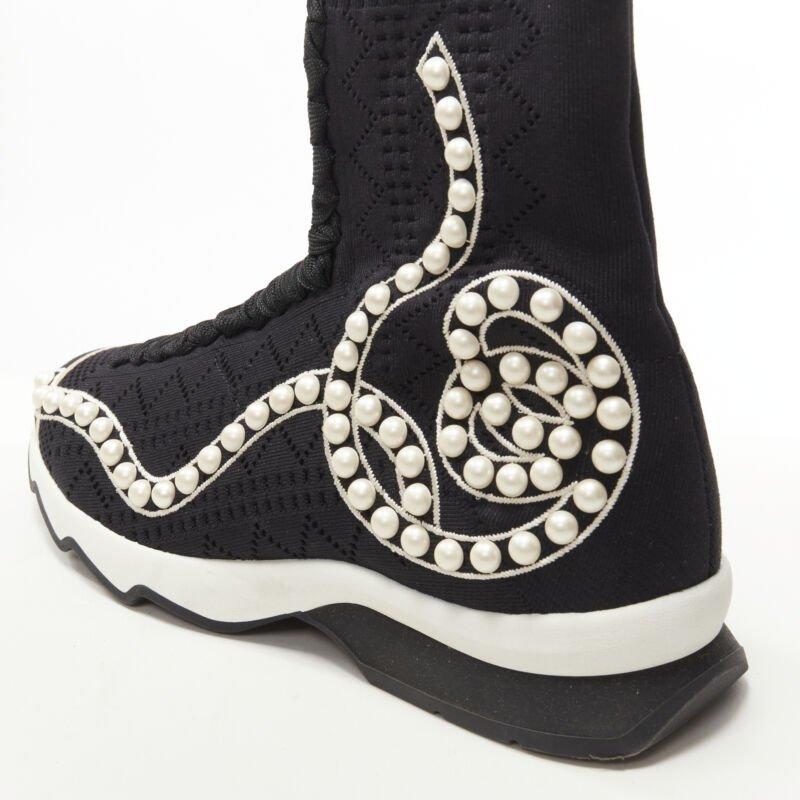 FENDI Rockoko black pearl embellished black sock knit high top sneaker EU36 For Sale 3