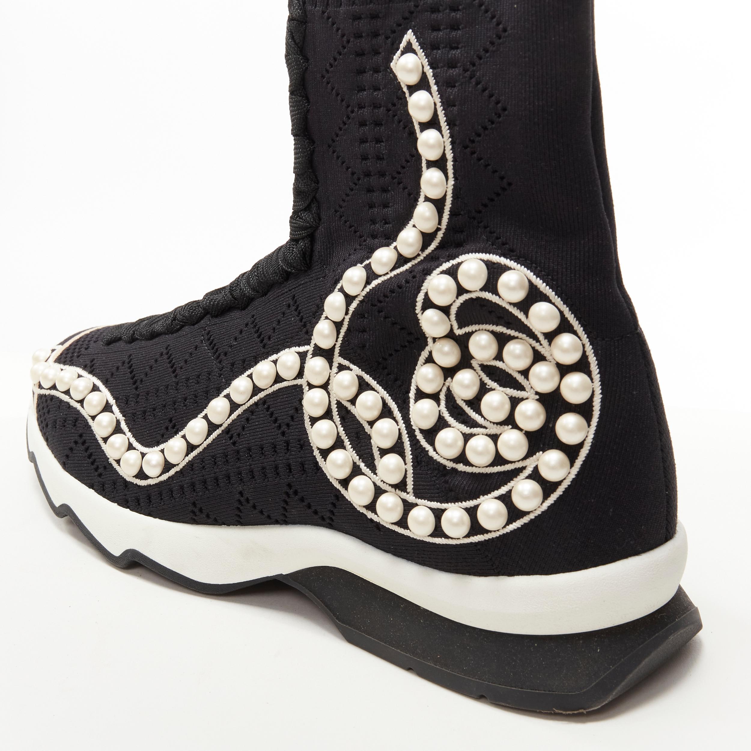 Women's FENDI Rockoko black pearl embellished black sock knit high top sneaker EU36 For Sale