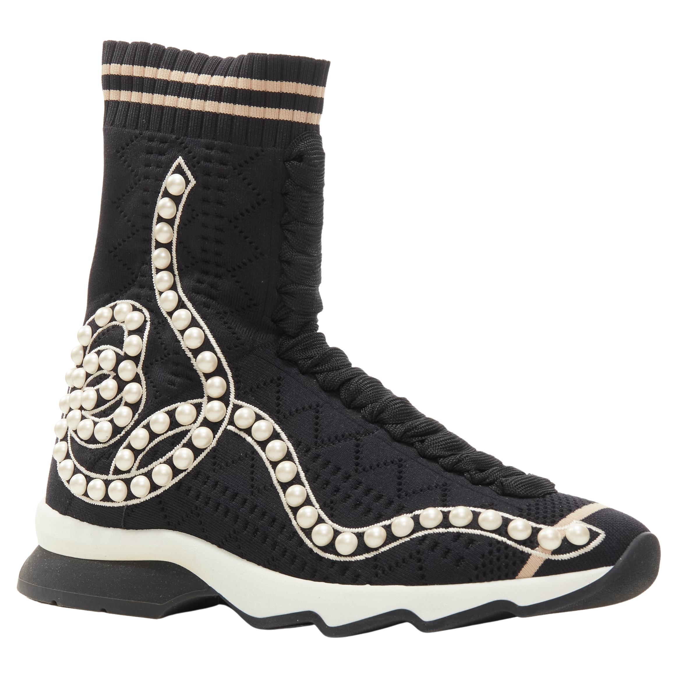 FENDI Rockoko black pearl embellished black sock knit high top sneaker EU36 For Sale