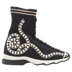 FENDI Rockoko black pearl embellished black sock knit high top sneaker EU36
