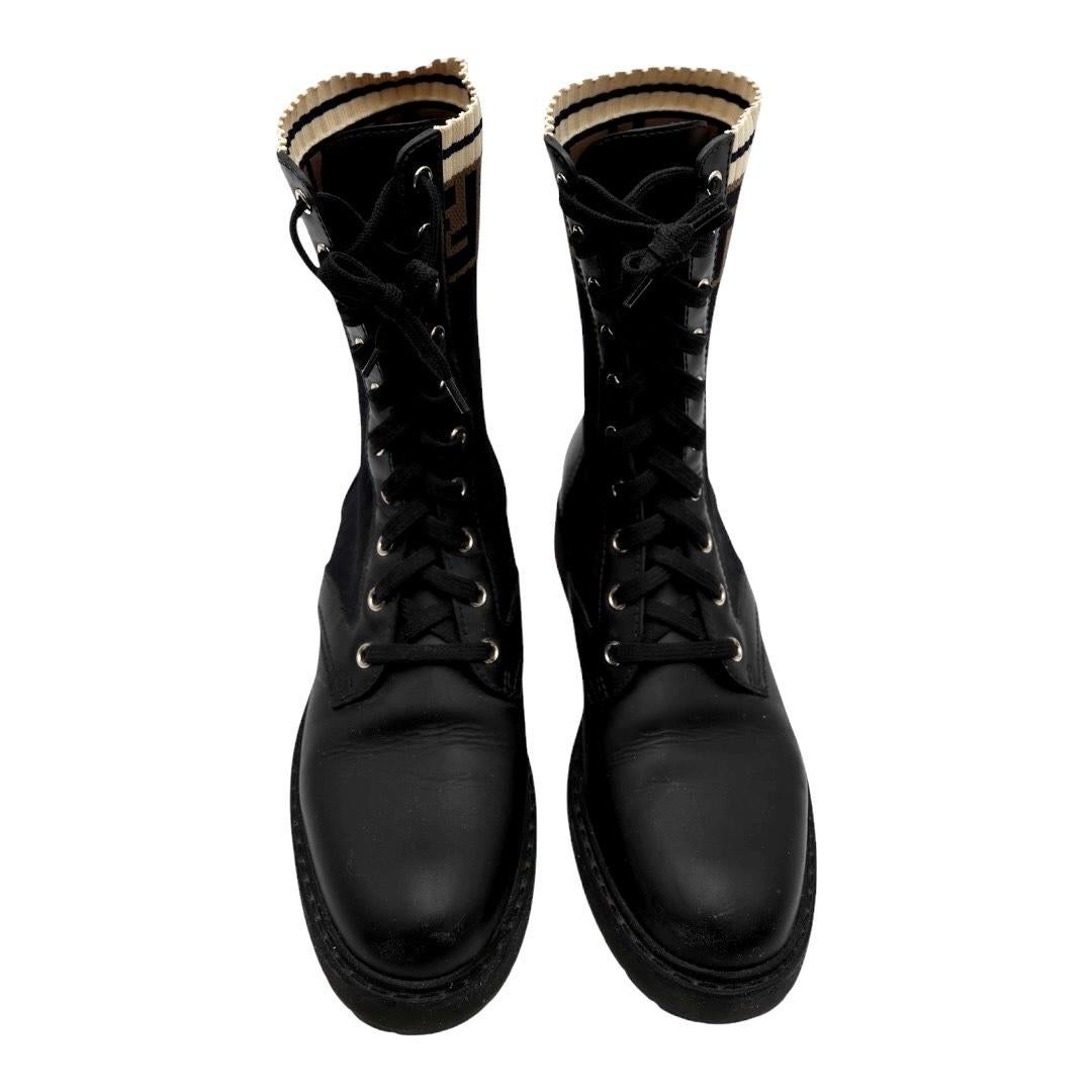 Fendi Rockoko Combat Boots – Black Leather & Knit FF Logo In Good Condition For Sale In Dallas, TX