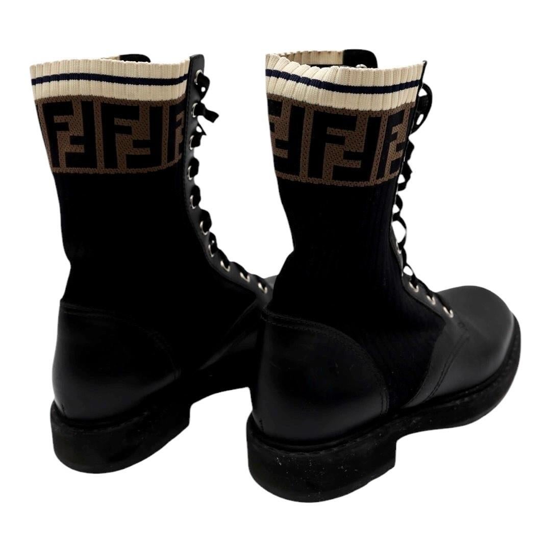 Women's or Men's Fendi Rockoko Combat Boots – Black Leather & Knit FF Logo For Sale