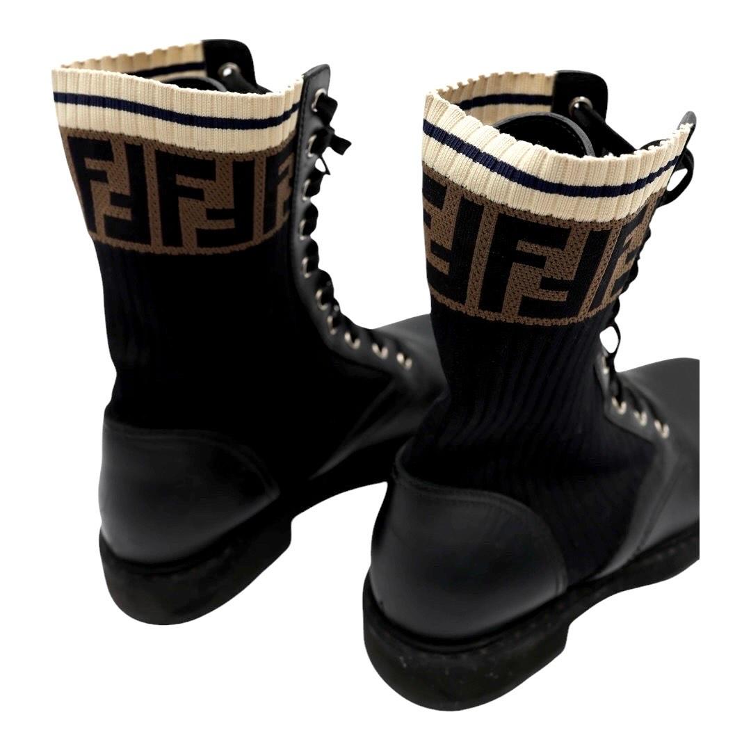 Fendi Rockoko Combat Boots – Black Leather & Knit FF Logo For Sale 1