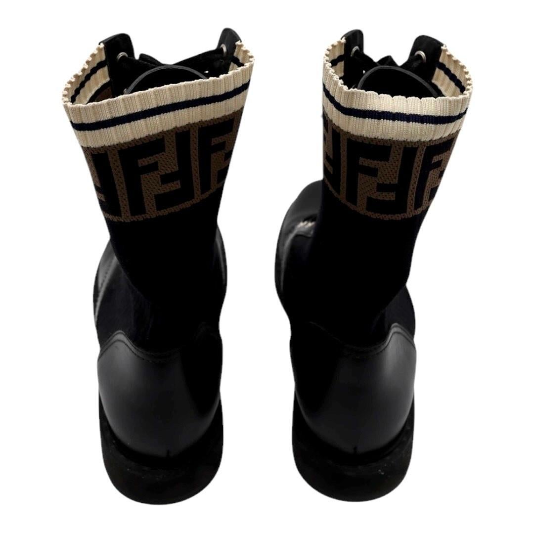 Fendi Rockoko Combat Boots – Black Leather & Knit FF Logo For Sale 2