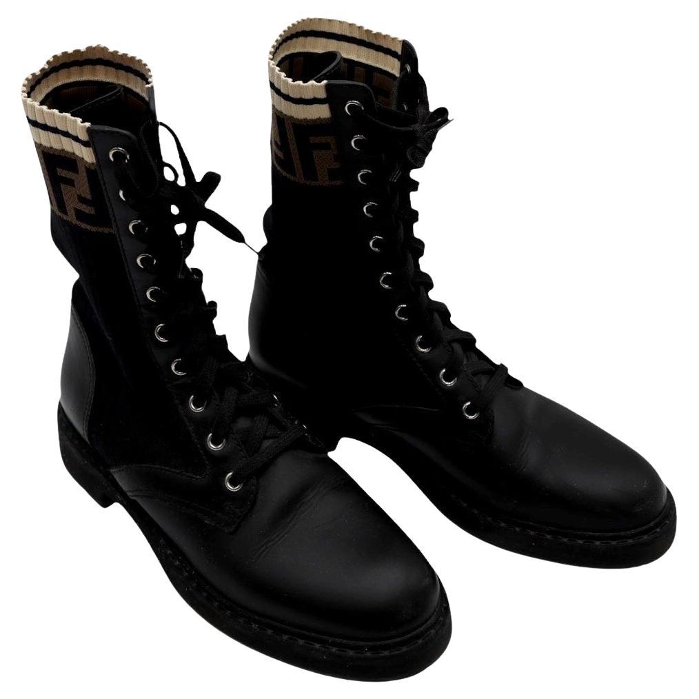 Fendi Rockoko Combat Boots – Black Leather & Knit FF Logo